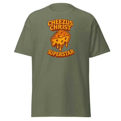 Green t-shirt with 'Cheezus Christ Superstar' graphic design on a white background