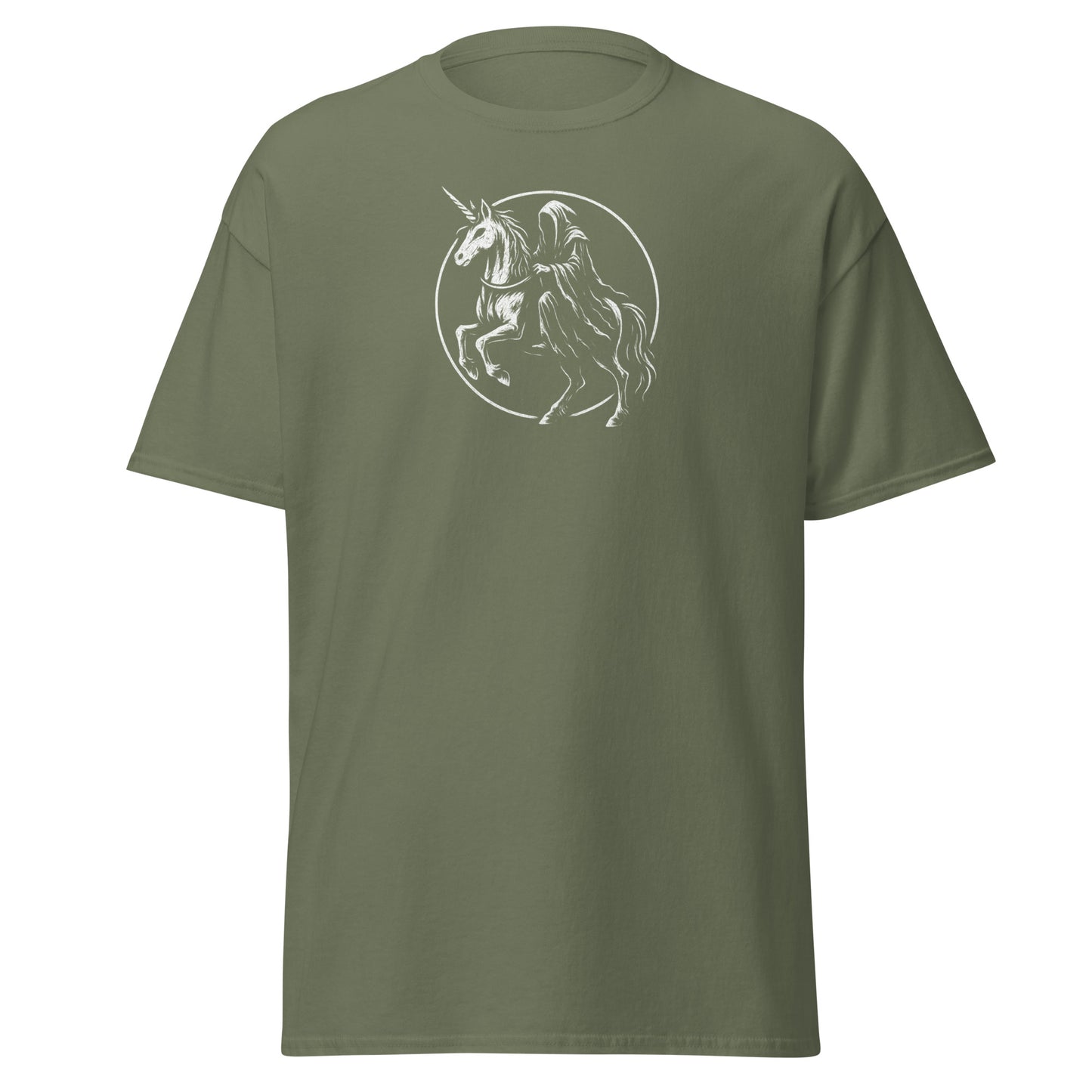 Green t-shirt with a unicorn and rider graphic on a white background