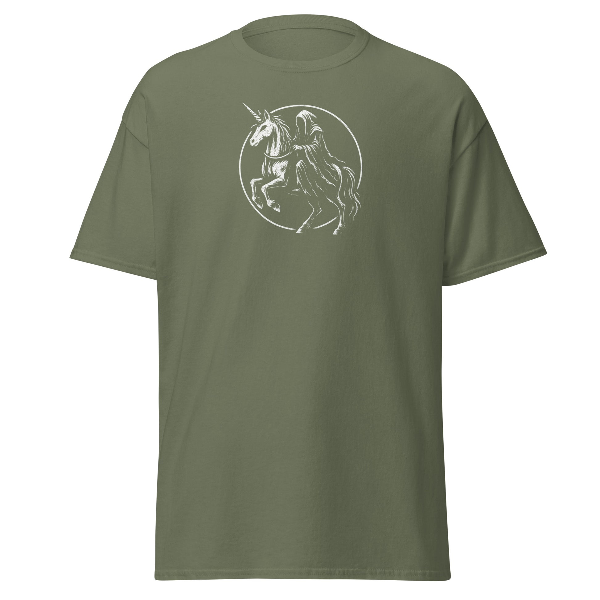 Green t-shirt with a unicorn and rider graphic on a white background
