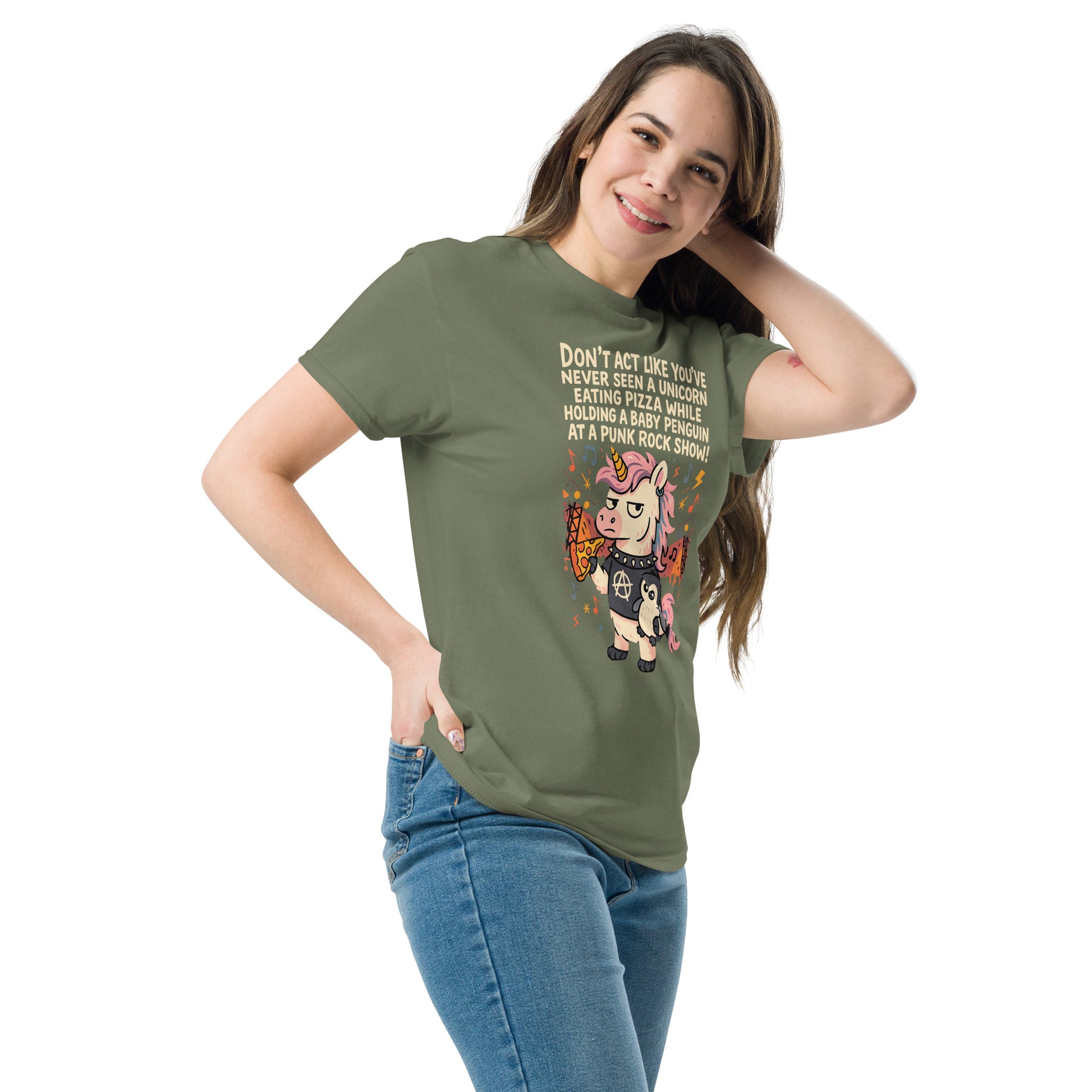 Woman wearing a green t-shirt with a graphic design and text, standing against a white background