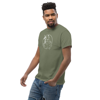 Man wearing a green t-shirt with a graphic design on a white background