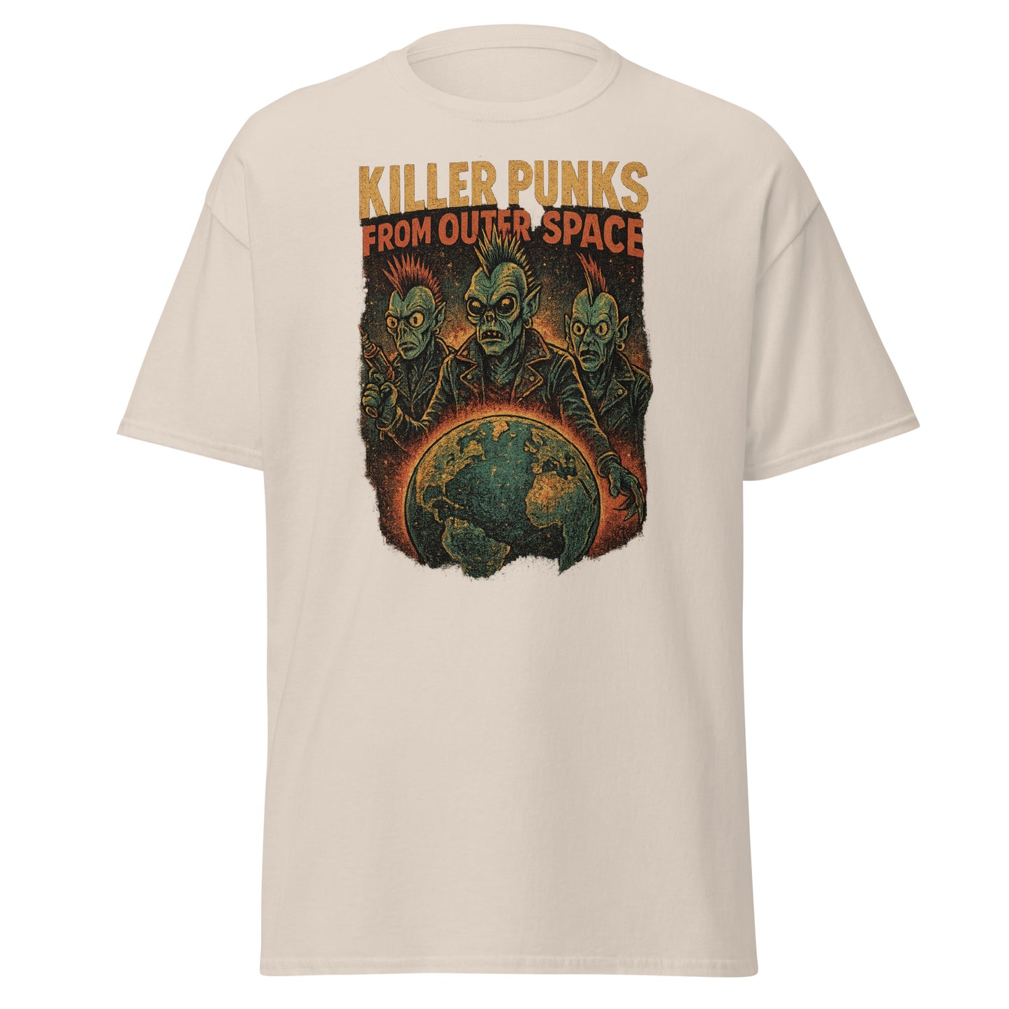 cream shirt with alien punks and the earth with the text "Killer punks from outer space" on white background