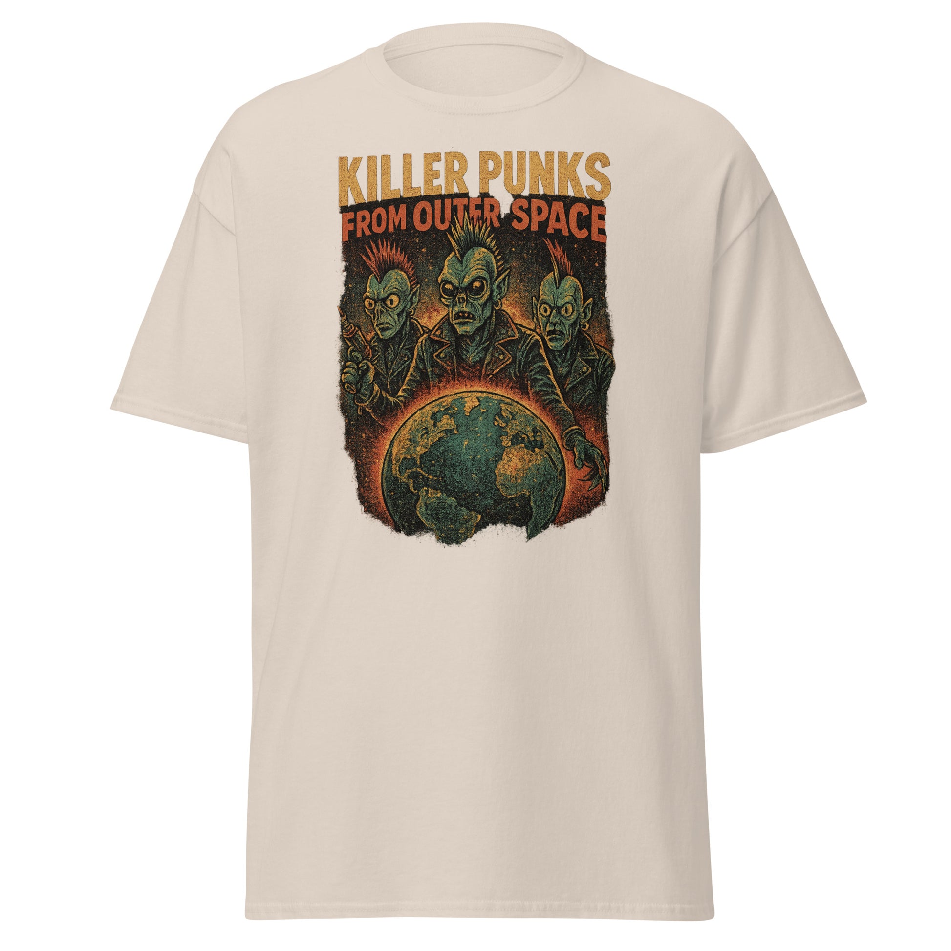 cream shirt with alien punks and the earth with the text "Killer punks from outer space" on white background