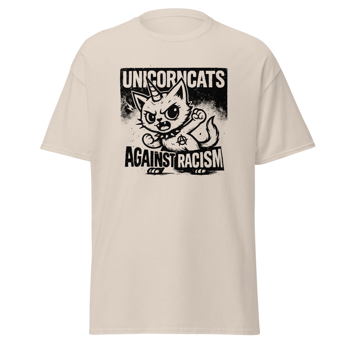 Natural shirt with a unicorncat and the slogan "Unicorncats against racism"