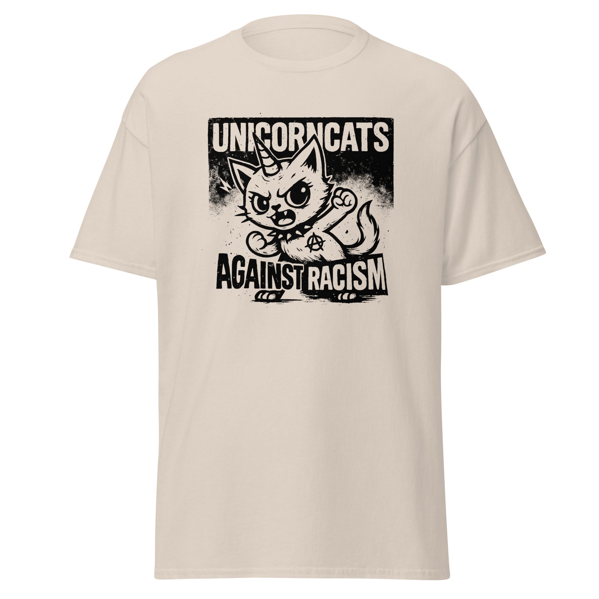 Natural shirt with a unicorncat and the slogan "Unicorncats against racism"