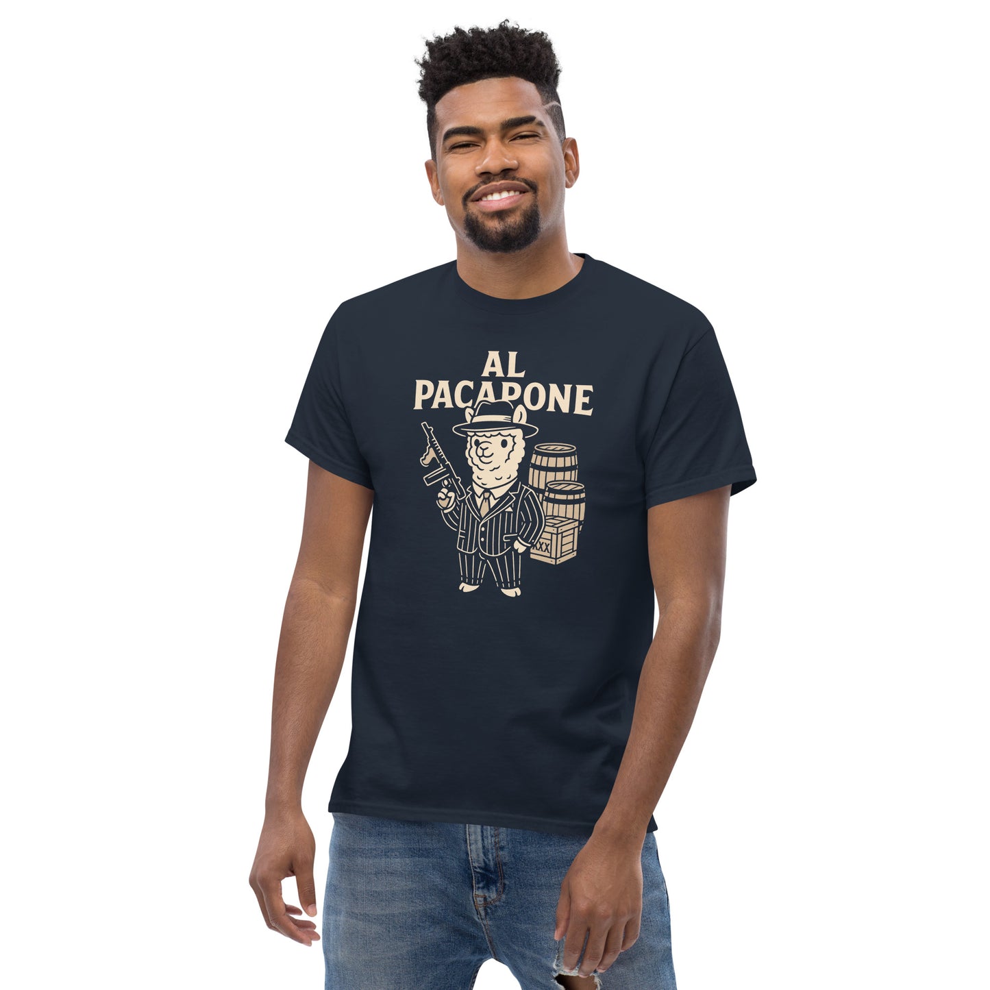 Man wearing a navy blue t-shirt with 'Al Pacadone' graphic design on a white background