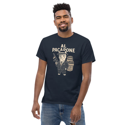 Man wearing a navy blue t-shirt with 'Al Pacadone' graphic design on a white background