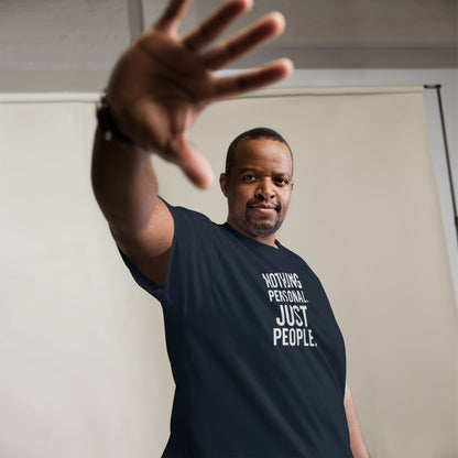 Man wearing a black t-shirt with 'Nothing Personal Just People' text, reaching out with his hand.