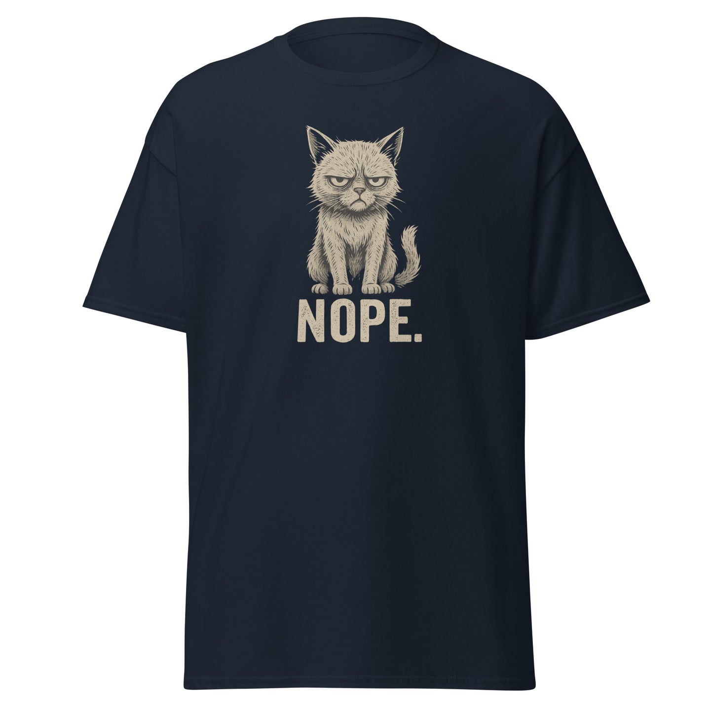 Black t-shirt with a cat graphic and 'NOPE.' text on a white background