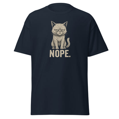 Black t-shirt with a cat graphic and 'NOPE.' text on a white background