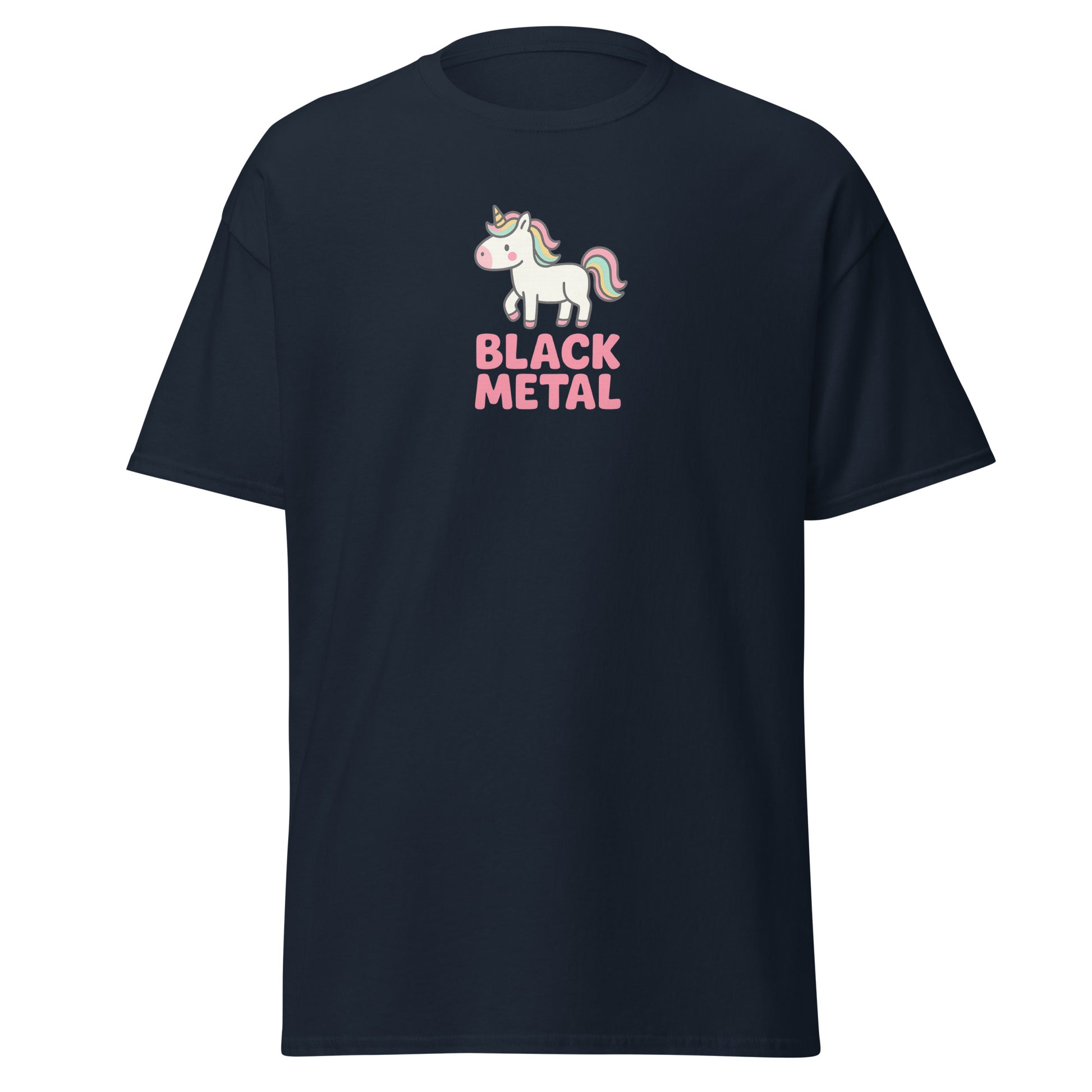 Black t-shirt with a unicorn graphic and 'Black Metal' text on a white background