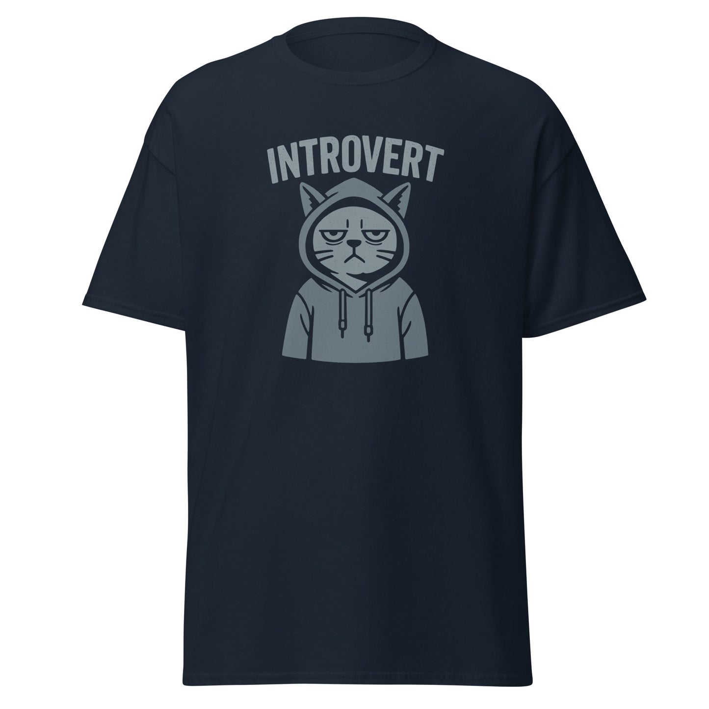 Navy blue t-shirt with an graphic of a cat in a hoodie and 'Introvert' text on a white background