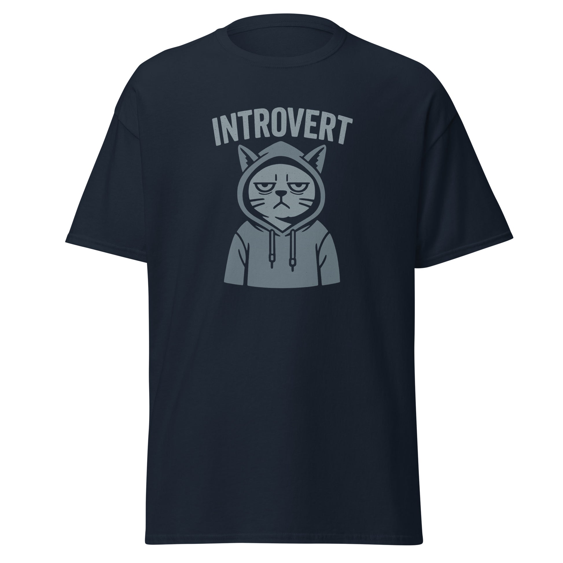 Navy blue t-shirt with an graphic of a cat in a hoodie and 'Introvert' text on a white background