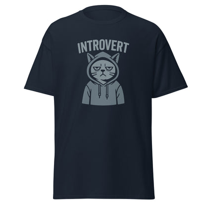 Navy blue t-shirt with an graphic of a cat in a hoodie and 'Introvert' text on a white background