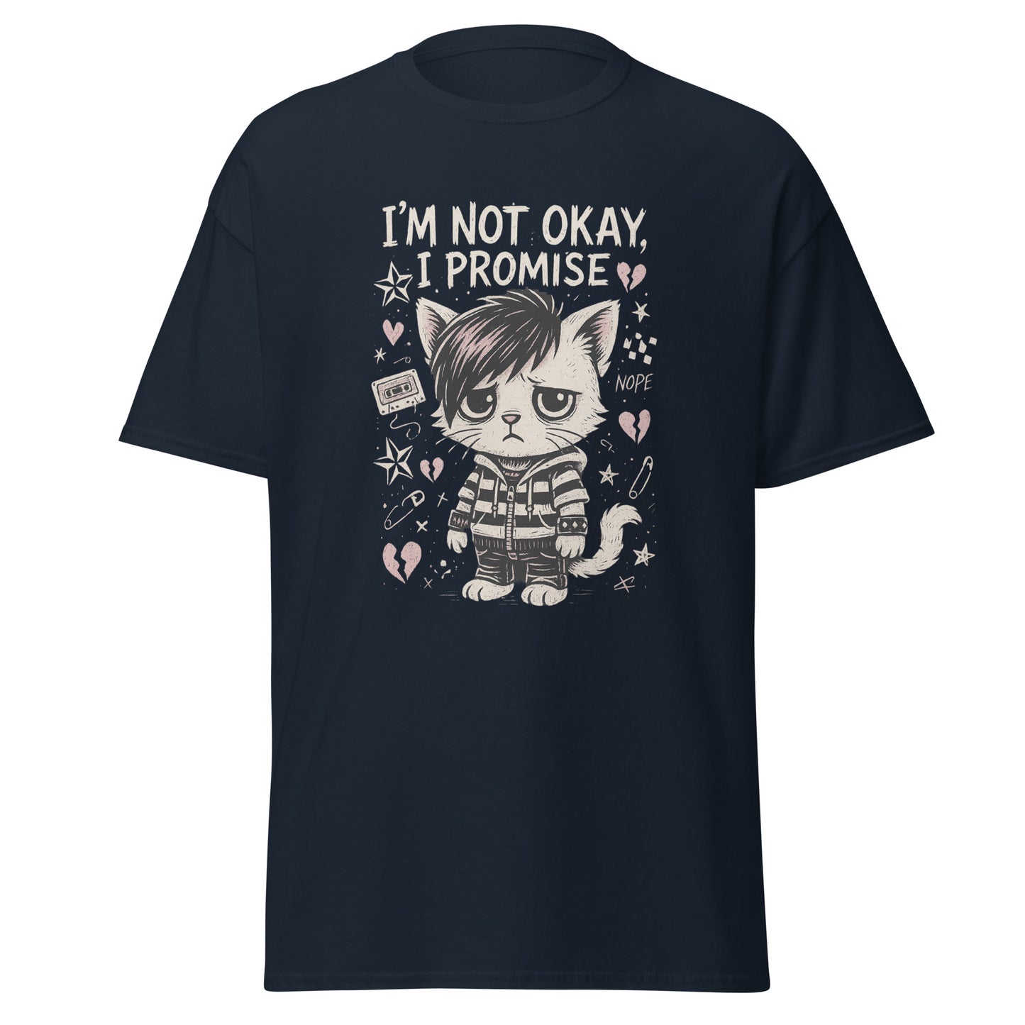 Navy blue t-shirt with a graphic of a cat and text 'I'm not okay, I promise' on a white background