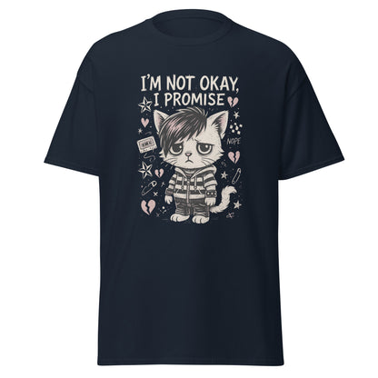 Navy blue t-shirt with a graphic of a cat and text 'I'm not okay, I promise' on a white background