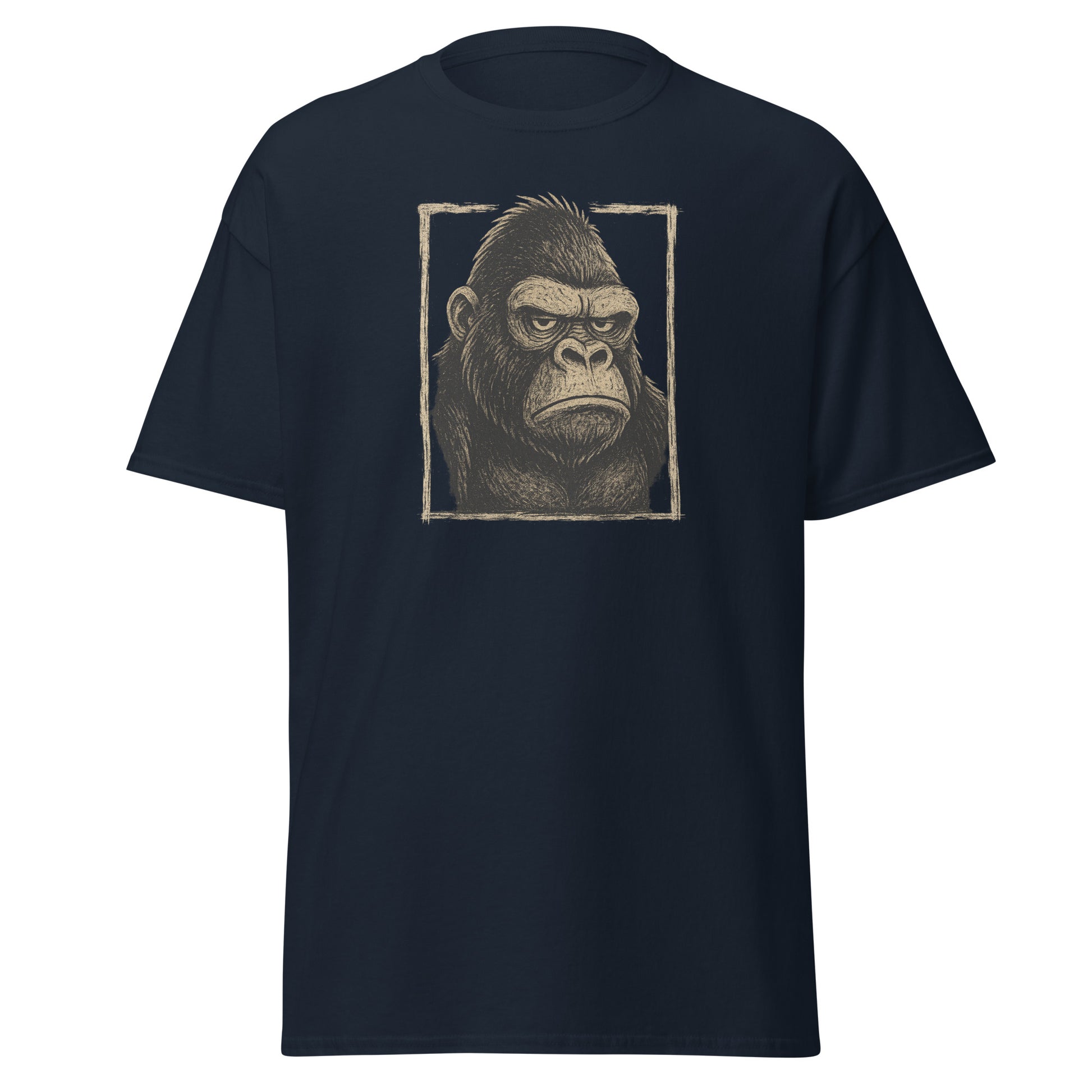 Black t-shirt with a graphic of a gorilla's face on a white background