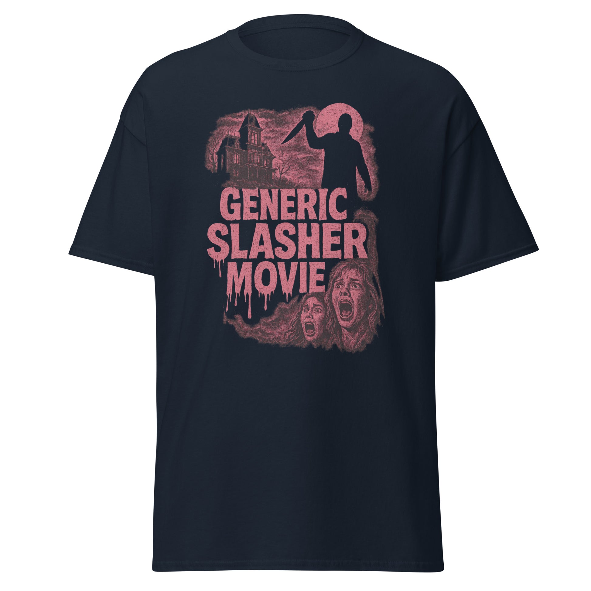 Black t-shirt with 'Generic Slasher Movie' graphic design on a white background