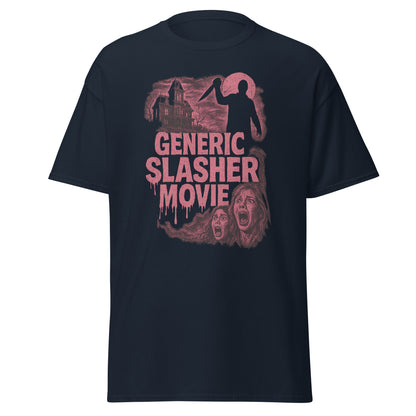 Black t-shirt with 'Generic Slasher Movie' graphic design on a white background