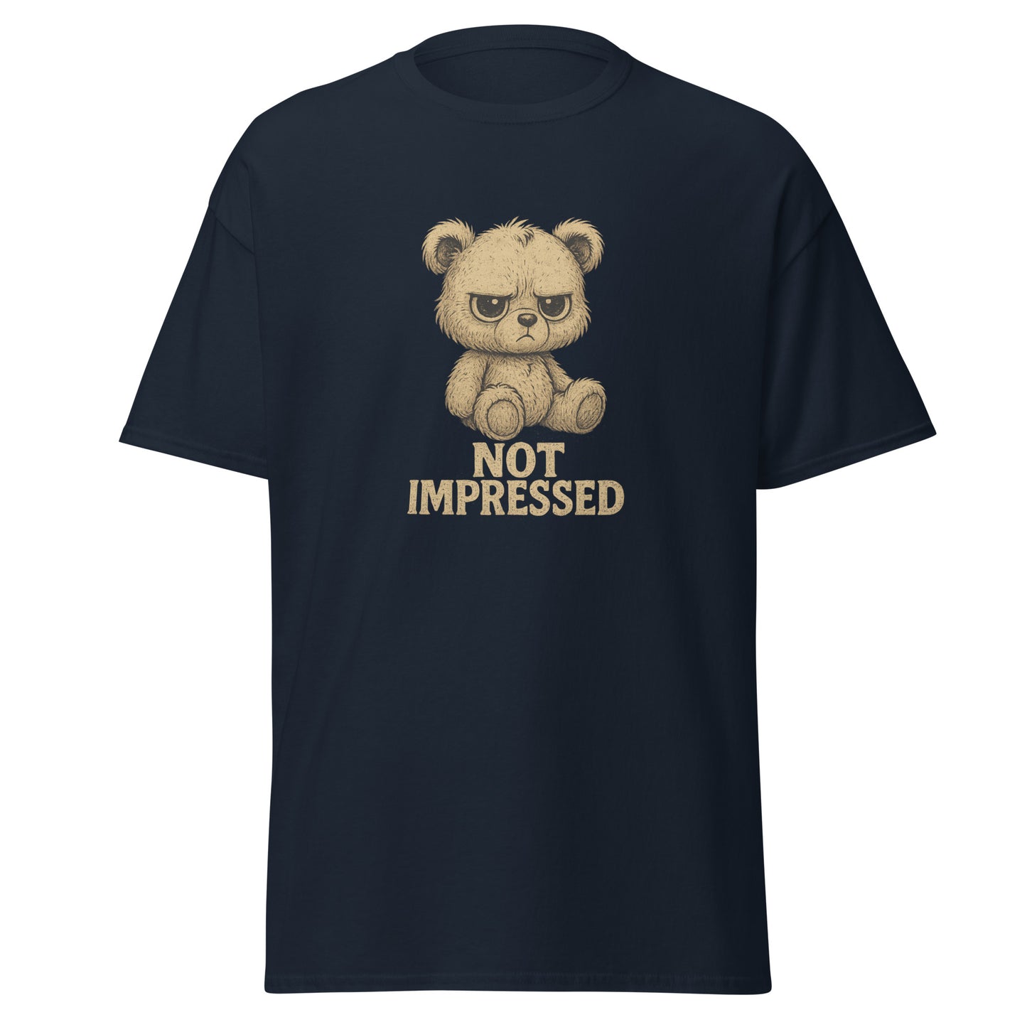 Black t-shirt with a bear graphic and 'Not Impressed' text on a white background