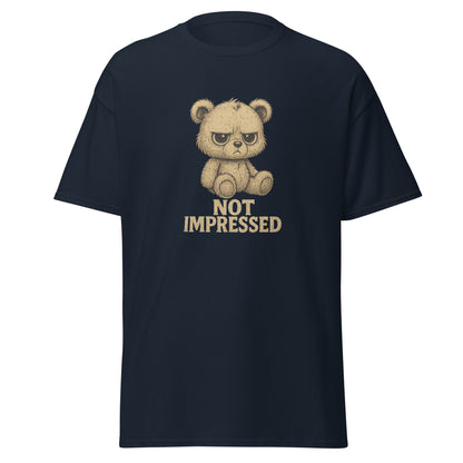 Black t-shirt with a bear graphic and 'Not Impressed' text on a white background