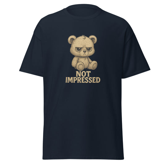 Black t-shirt with a bear graphic and 'Not Impressed' text on a white background