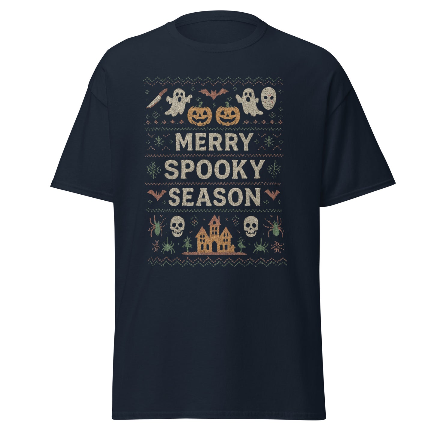 Navy blue t-shirt with Halloween-themed design and 'Merry Spooky Season' text on a white background