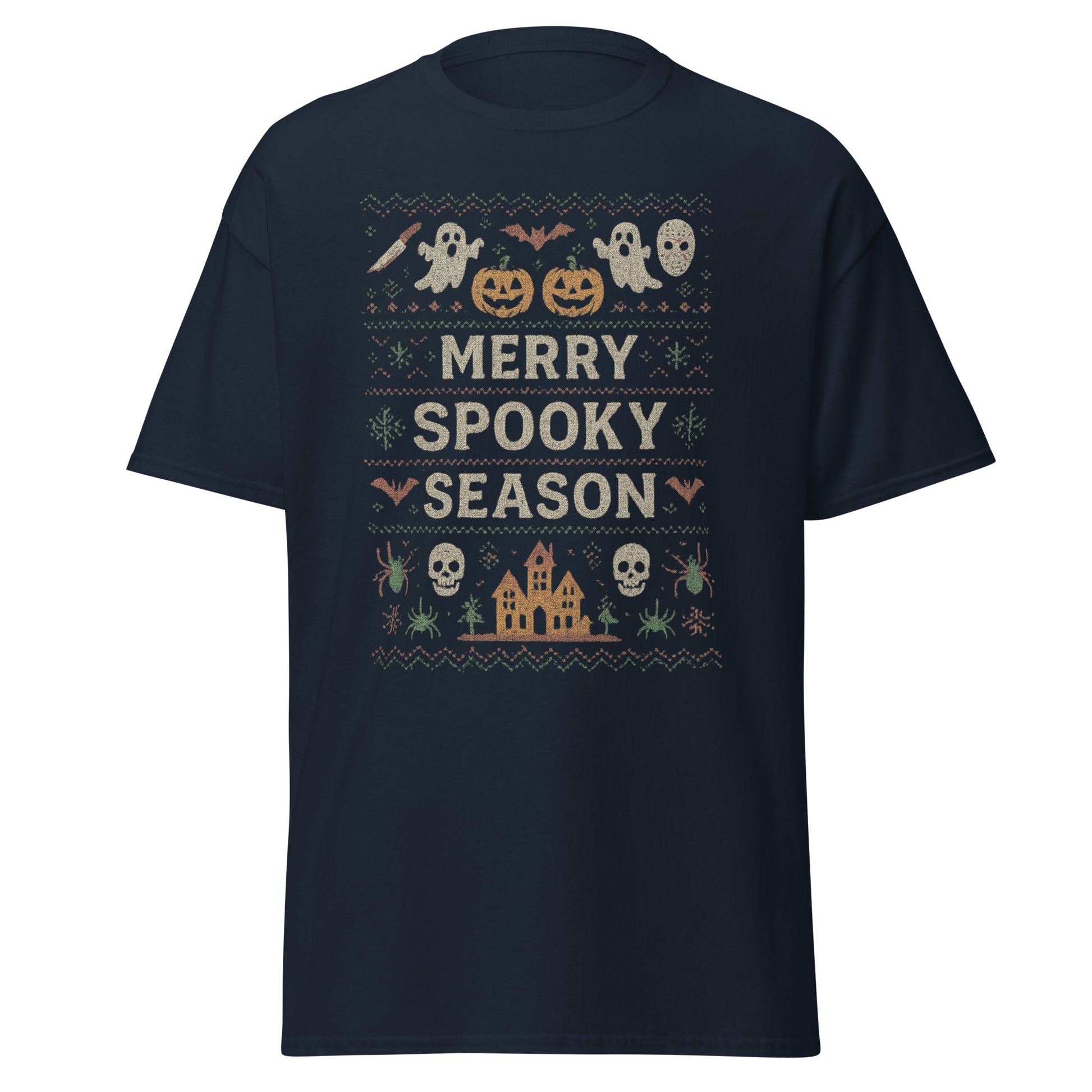 Navy blue t-shirt with Halloween-themed design and 'Merry Spooky Season' text on a white background