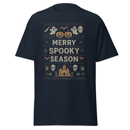 Navy blue t-shirt with Halloween-themed design and 'Merry Spooky Season' text on a white background