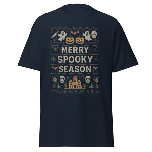 Navy blue t-shirt with Halloween-themed design and 'Merry Spooky Season' text on a white background