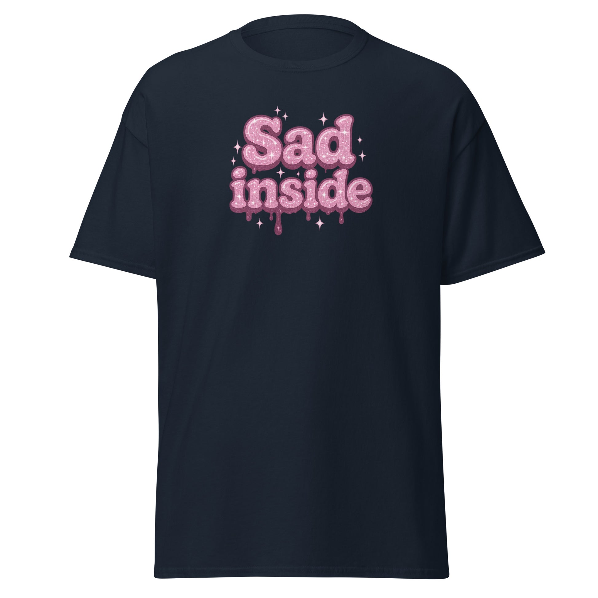 navy blue t-shirt with pink 'Sad inside' text on a white background