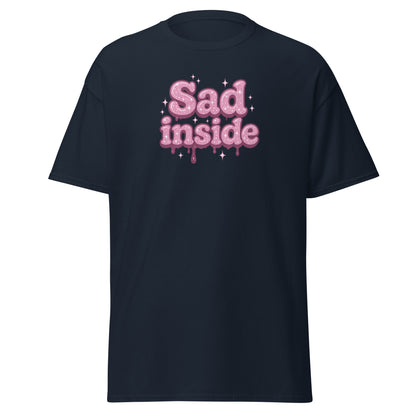 navy blue t-shirt with pink 'Sad inside' text on a white background