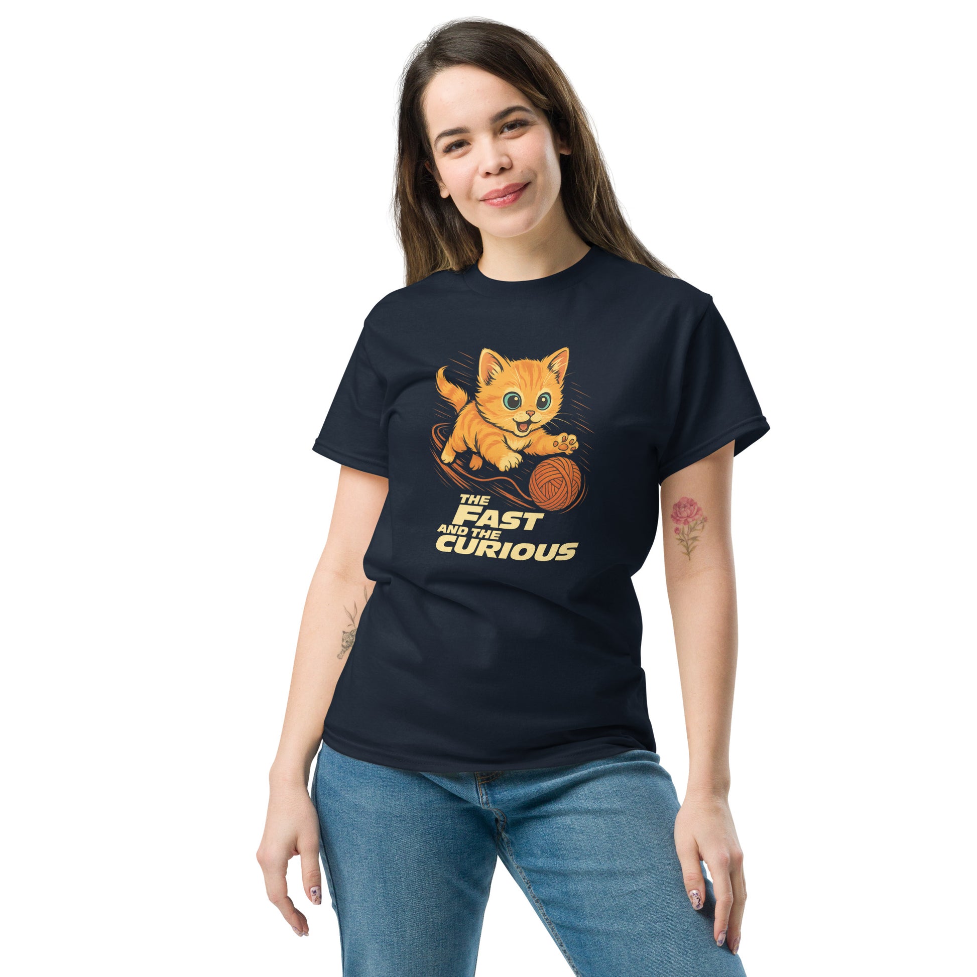 Woman wearing a black t-shirt with a cat graphic and text on a white background