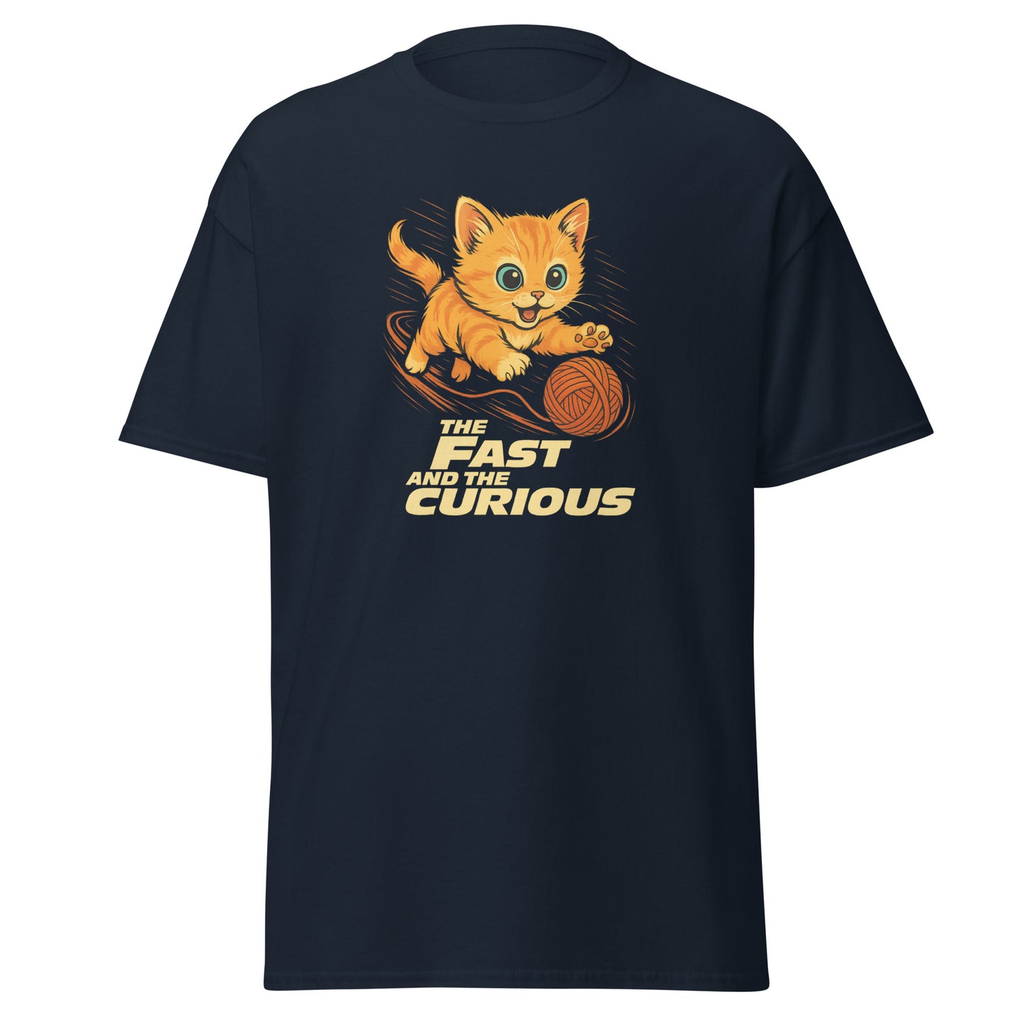 Black t-shirt with a cat playing with a ball of yarn graphic and text 'The Fast and the Curious' on a white background.