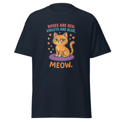 Black t-shirt with a cat graphic and text on a white background
