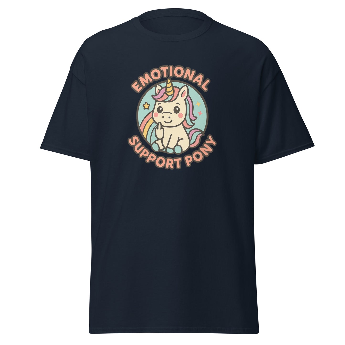 Navy blue t-shirt with a colorful unicorn graphic and text on a white background