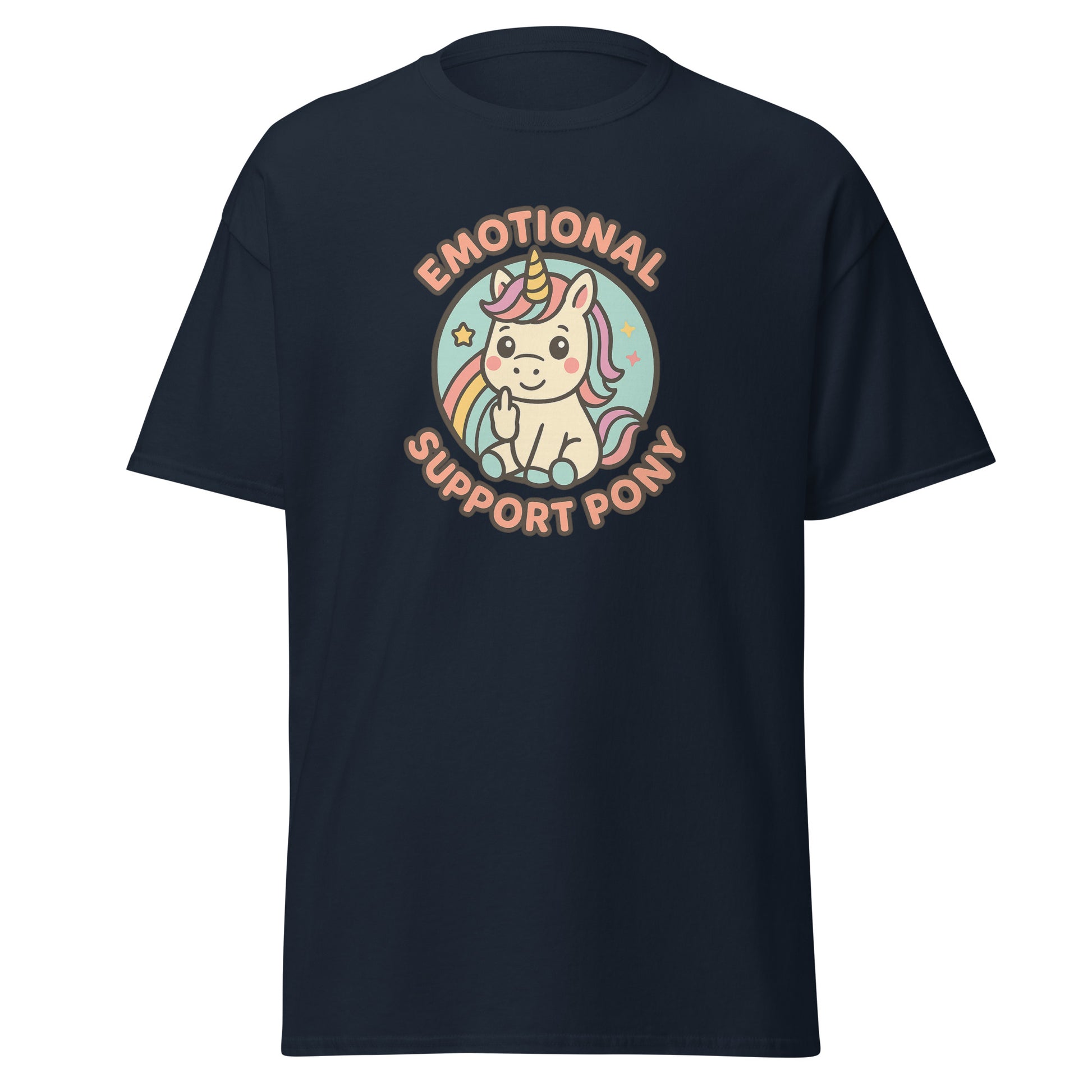 Navy blue t-shirt with a colorful unicorn graphic and text on a white background