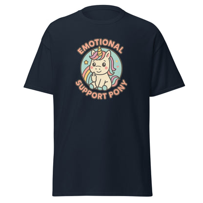 Navy blue t-shirt with a colorful unicorn graphic and text on a white background