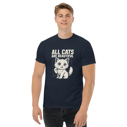 Person wearing a navy blue t-shirt with a cat graphic and text on a white background