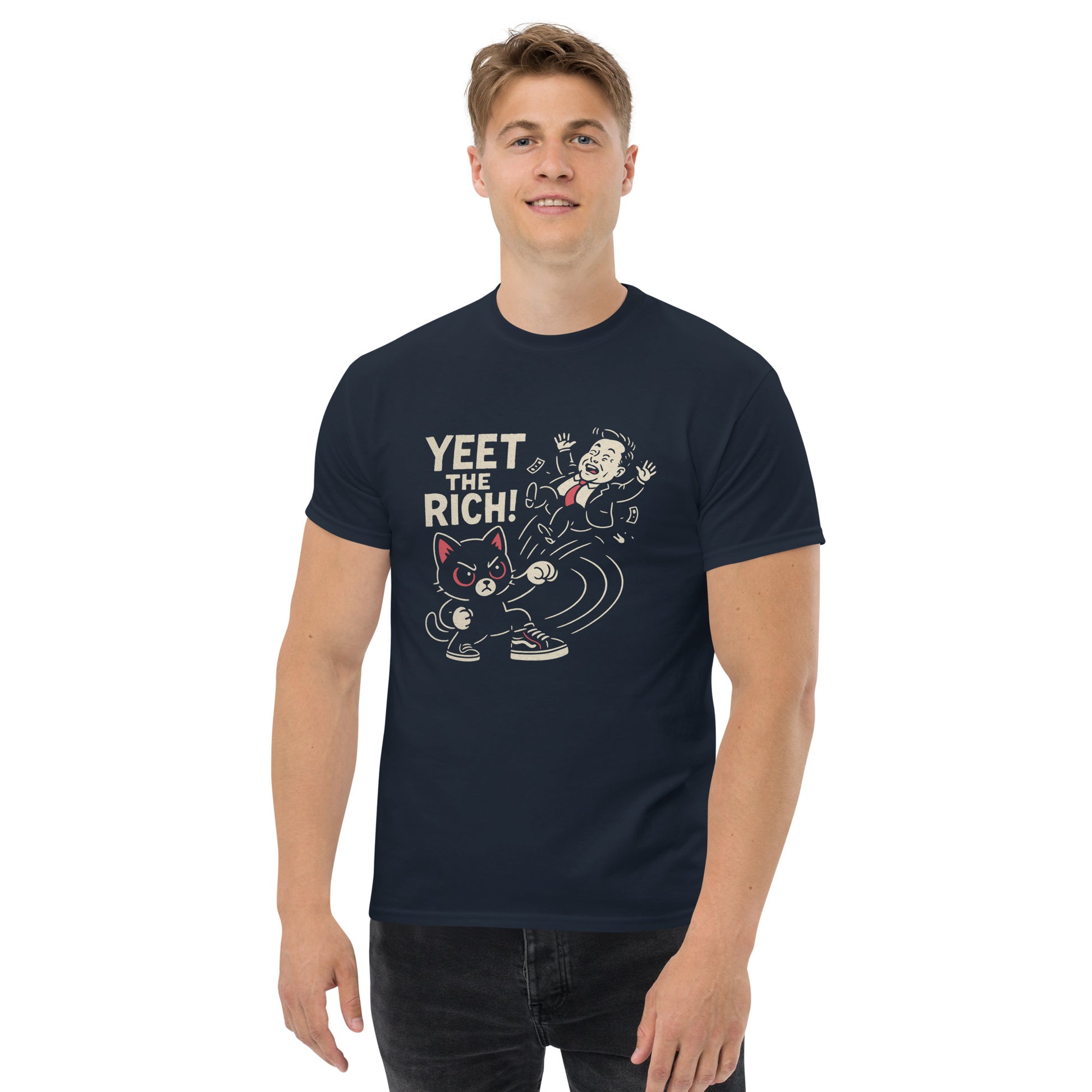 Man wearing a navy blue t-shirt with a graphic design and text on a white background