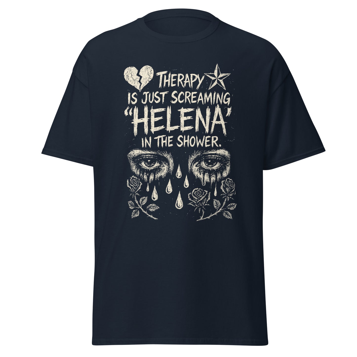Black t-shirt with graphic design and text on a white background