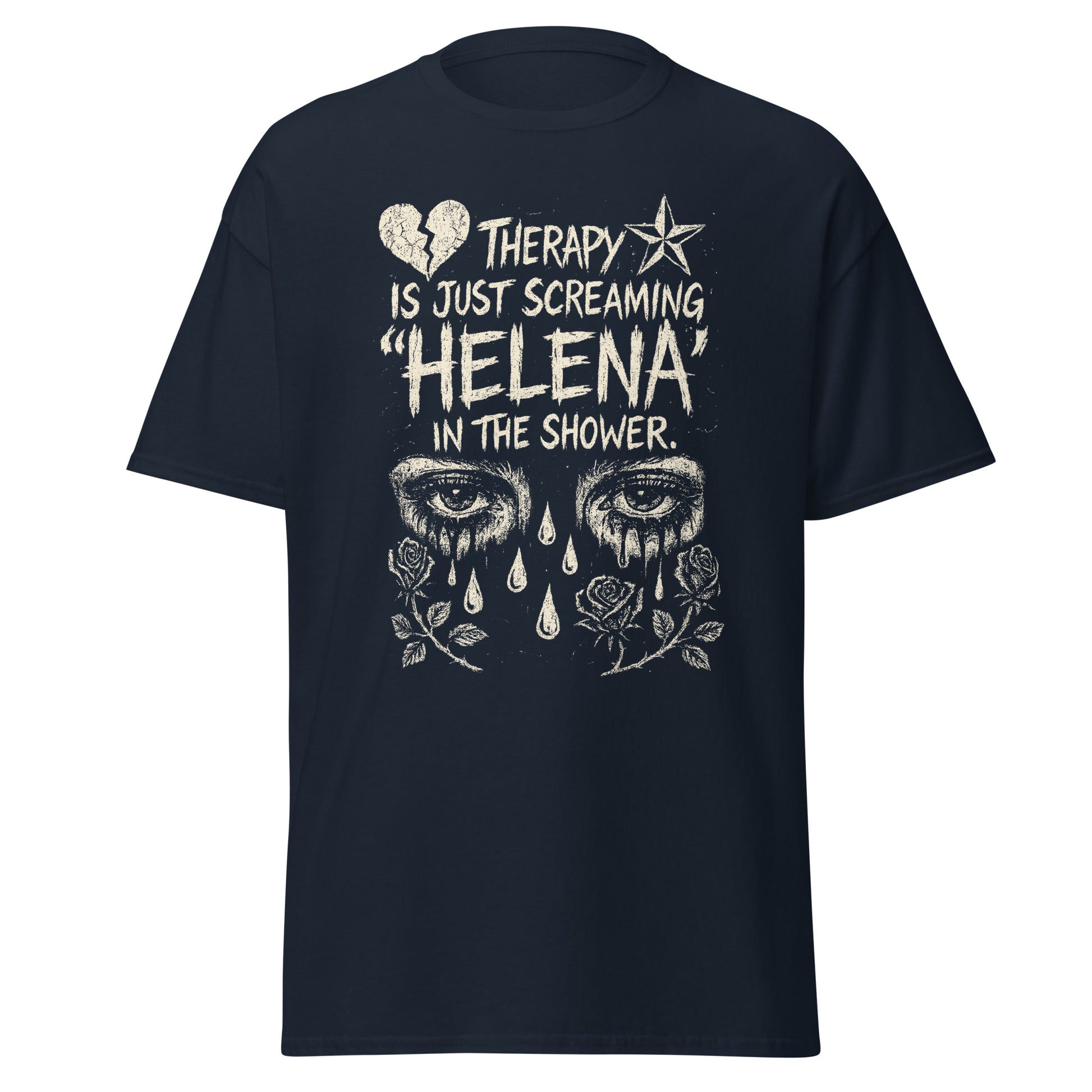 Black t-shirt with graphic design and text on a white background