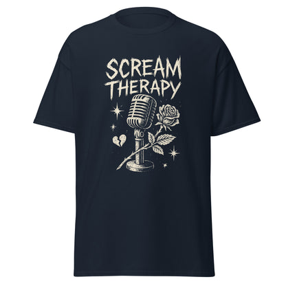 Black t-shirt with 'Scream Therapy' design featuring a microphone and rose on a white background