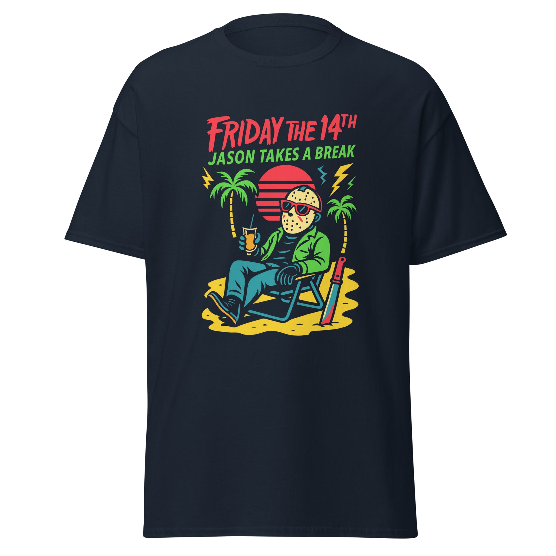 Black t-shirt with 'Friday the 14th Jason Takes a Break' graphic design on a white background