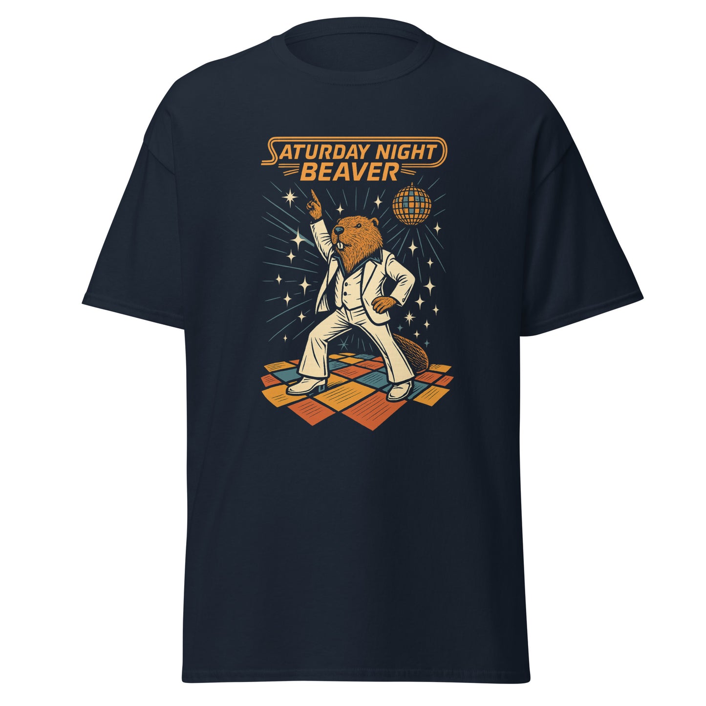 Black t-shirt with 'Saturday Night Beaver' graphic design on a white background