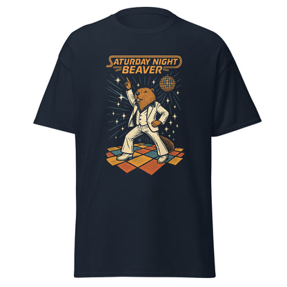 Black t-shirt with 'Saturday Night Beaver' graphic design on a white background