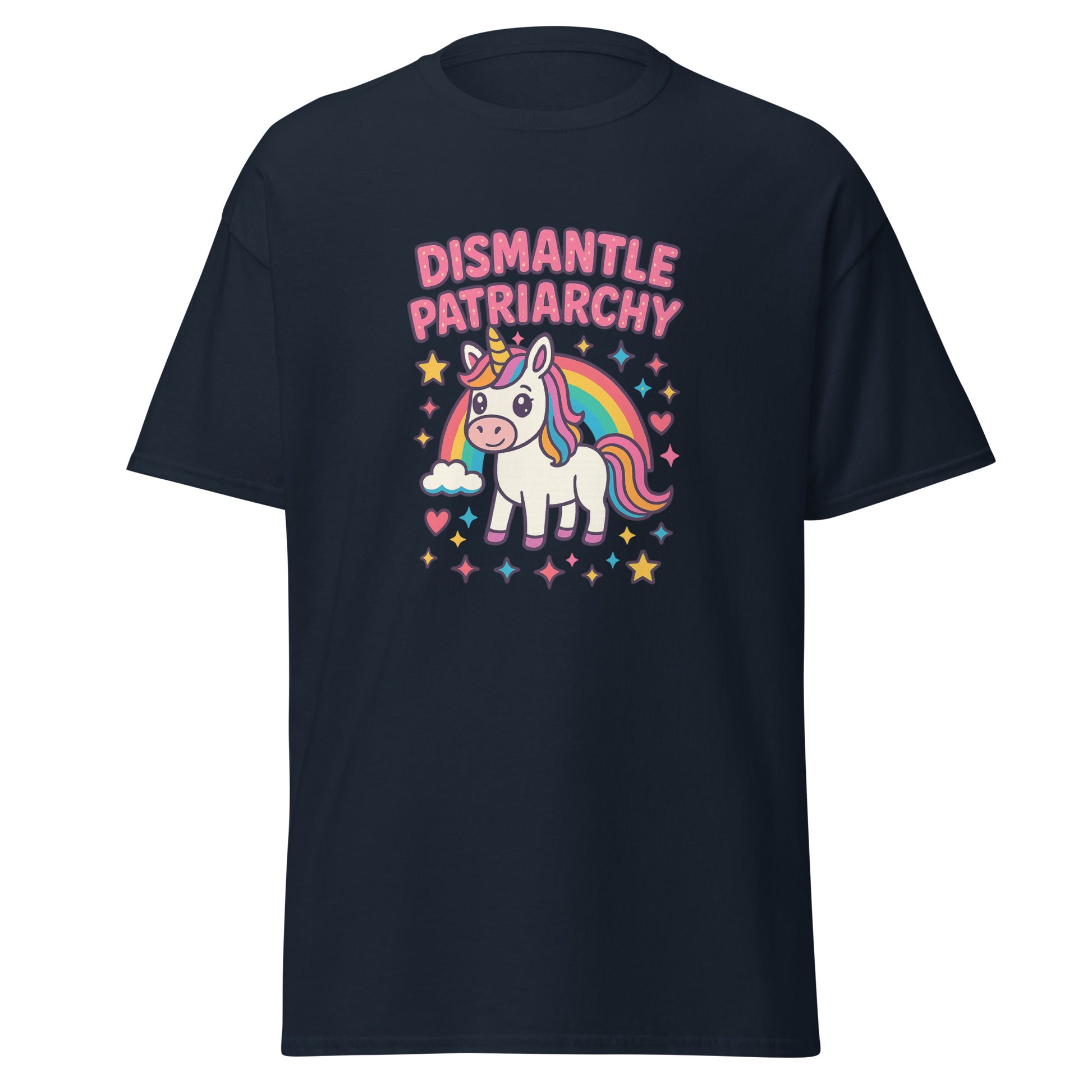 Black t-shirt with a unicorn graphic and 'Dismantle Patriarchy' text on a white background