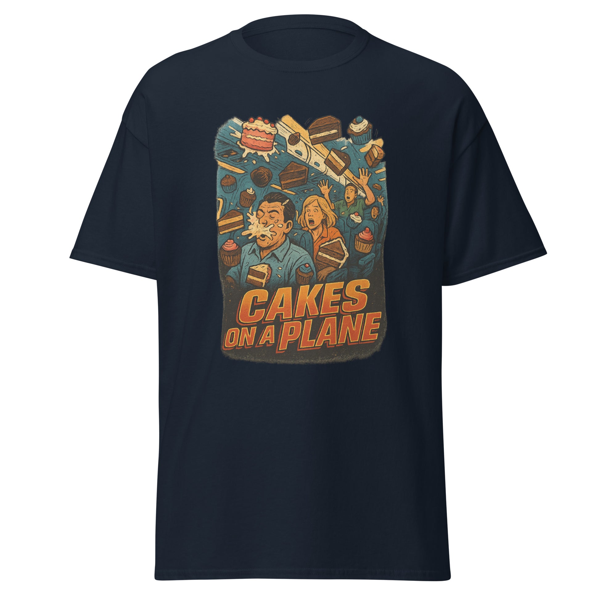 Black t-shirt with 'Cakes on a Plane' graphic design on a white background