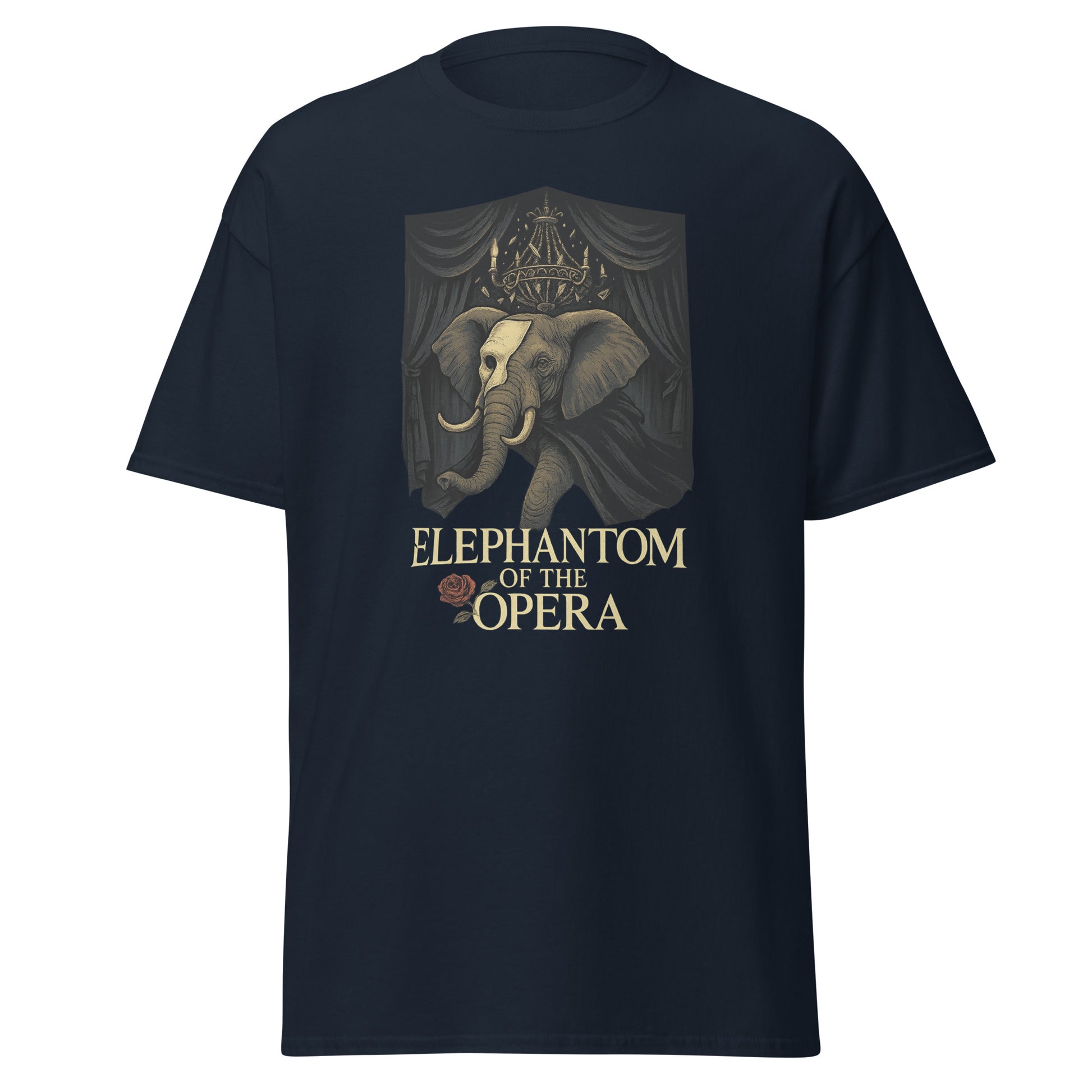 Black t-shirt with 'elephantom of the opera' design featuring an elephant.