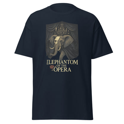 Black t-shirt with 'elephantom of the opera' design featuring an elephant.